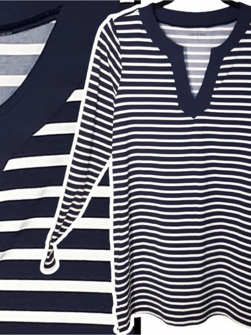 Lands' End Navy and White Striped V-Neck Top Medium 10-12 Nylon/Spandex EUC